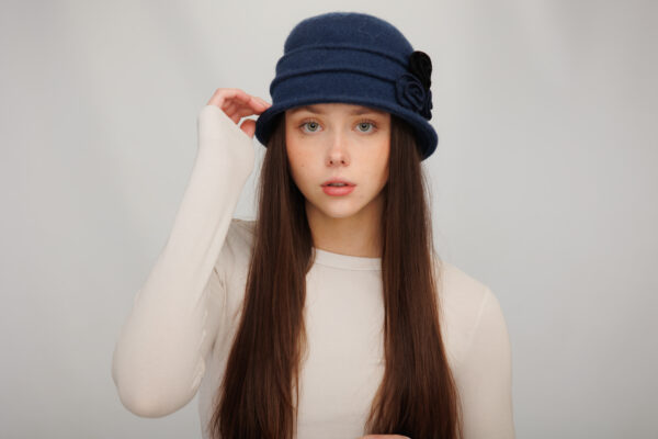 19s 0826 boiled wool cloche hat with wired brim and flowers accent